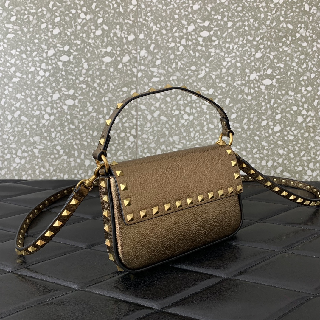 Valentino Garavani Rockstud Small Shoulder Bag in Gold Grainy Calfskin